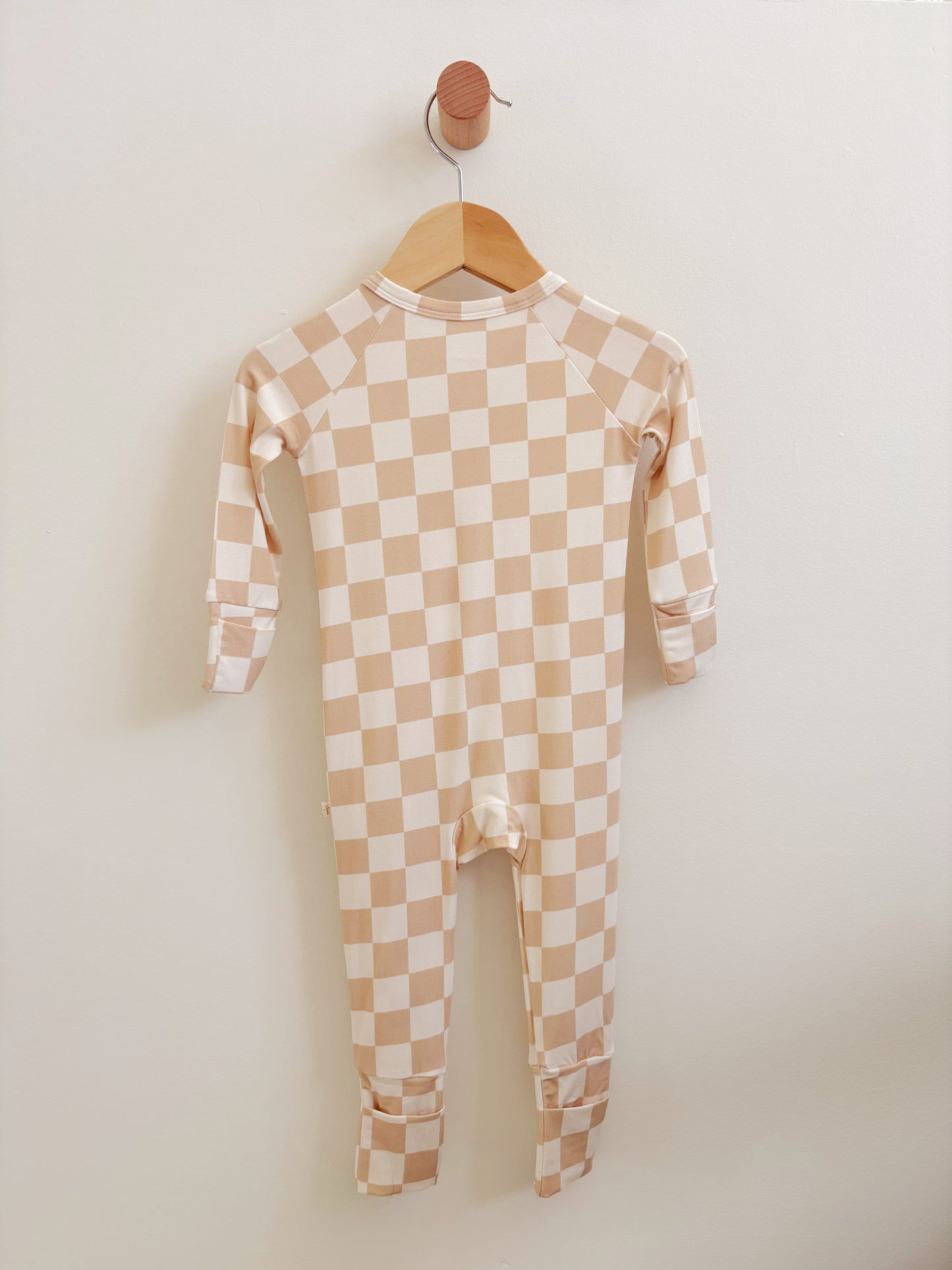 Tan Checkered Bamboo Zipper Onesie