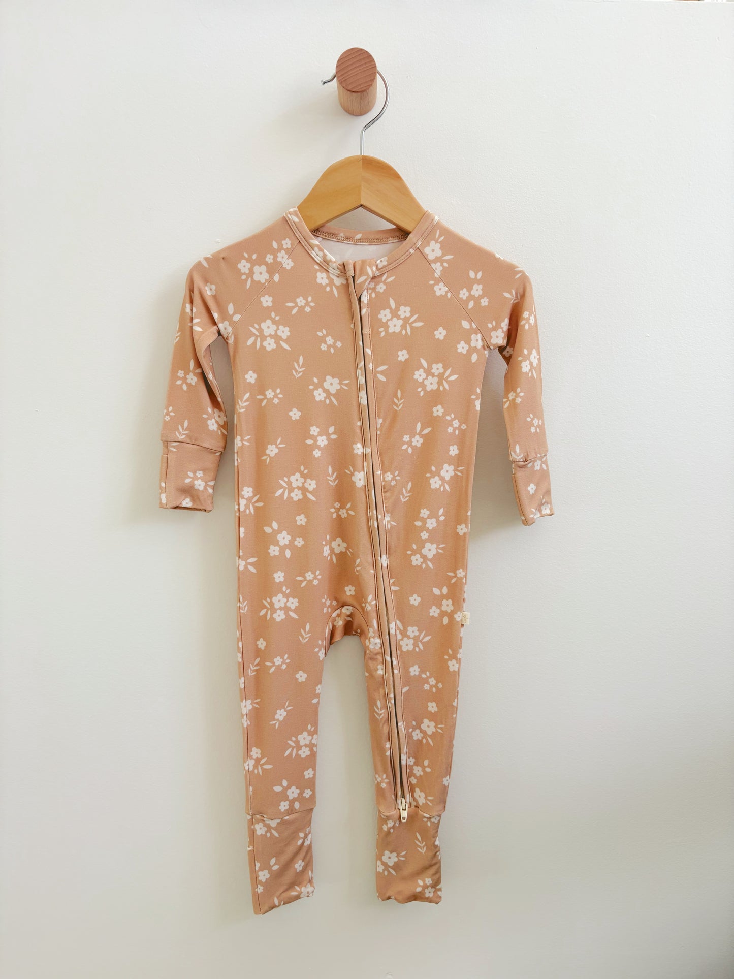 Beige Floral Bamboo Zipper Onesie