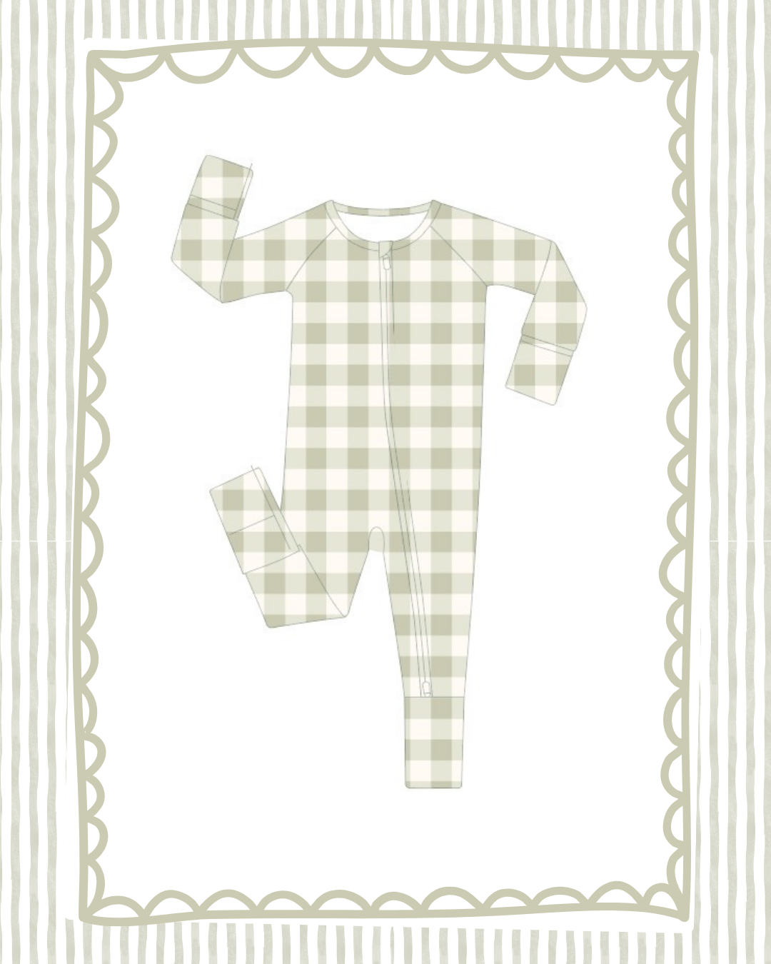 sage gingham zipper onesie