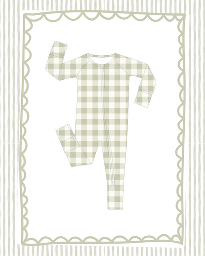 sage gingham zipper onesie