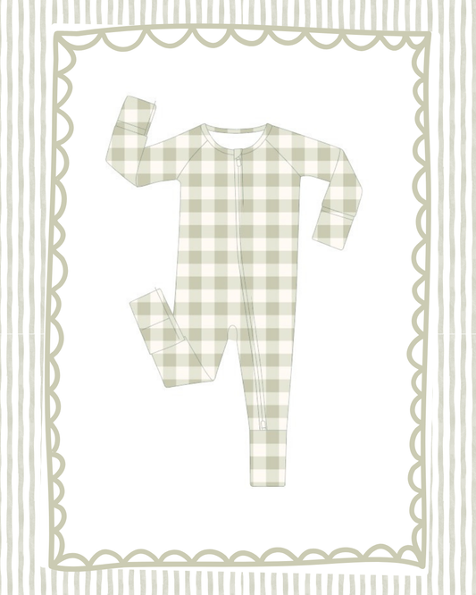 sage gingham zipper onesie
