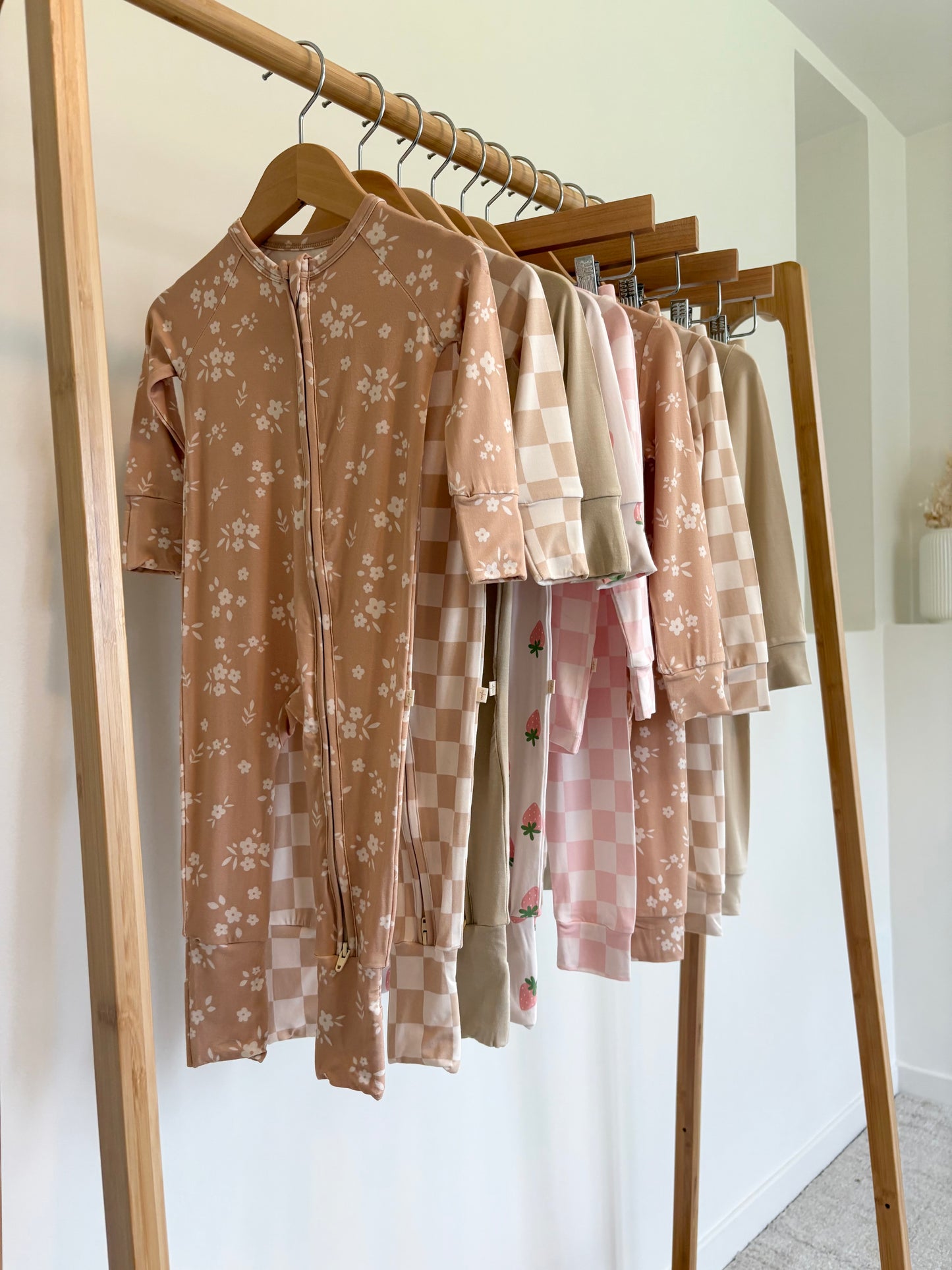 Beige Floral Bamboo Zipper Onesie