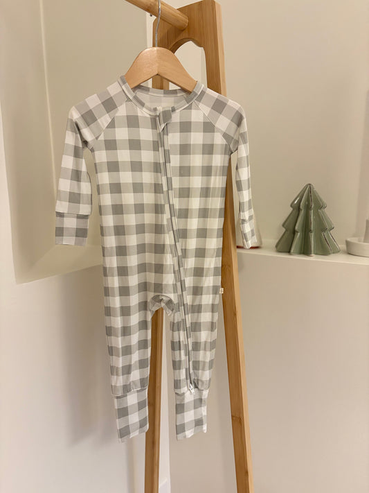 Sage Green Gingham Bamboo Zipper Onesie
