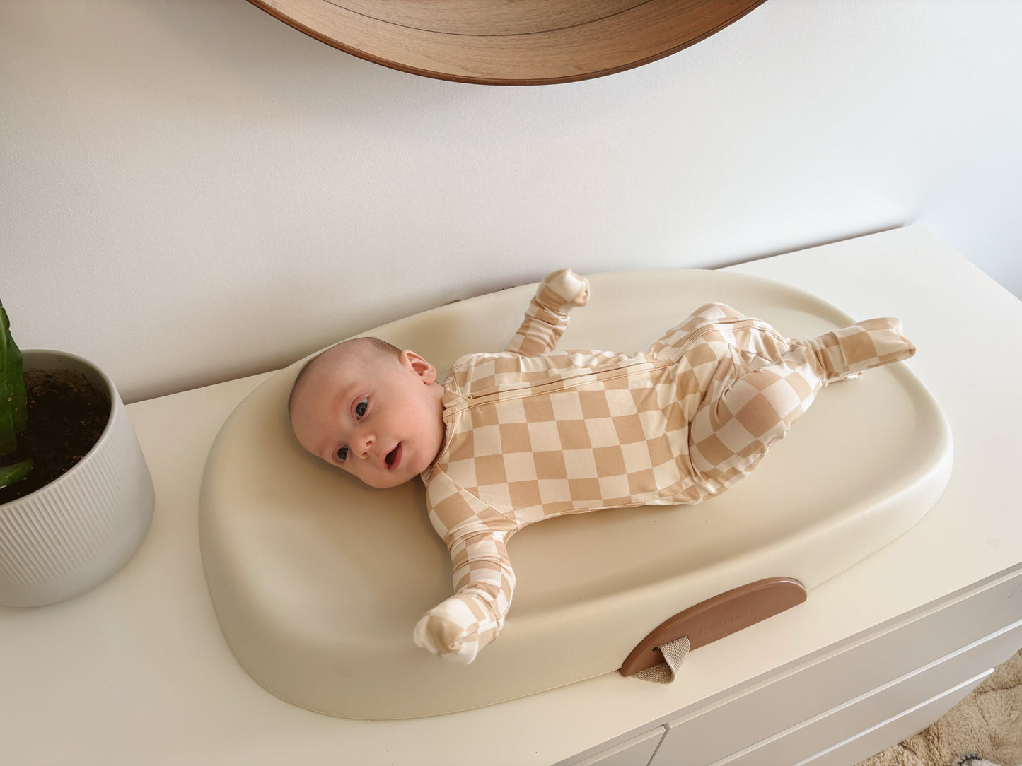 Tan Checkered Bamboo Zipper Onesie