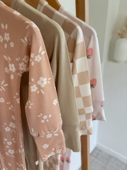Beige Floral Bamboo Zipper Onesie