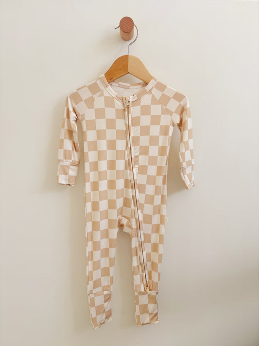 Tan Checkered Bamboo Zipper Onesie