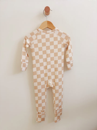 Tan Checkered Bamboo Zipper Onesie