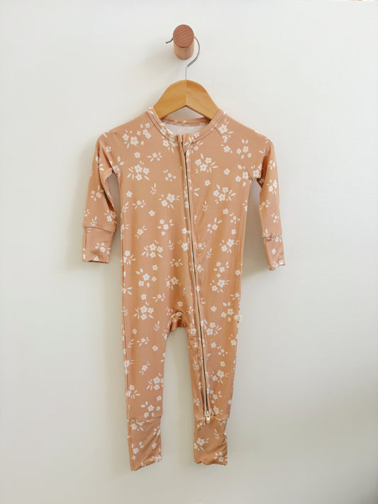 Beige Floral Bamboo Zipper Onesie