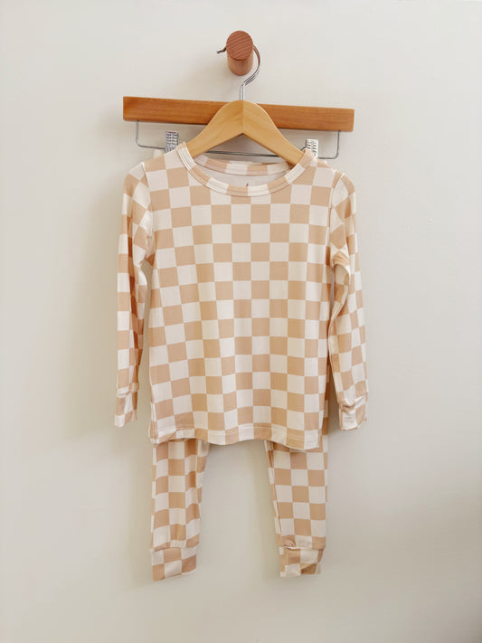 Tan Checkered Two-Piece Bamboo Pajama Set